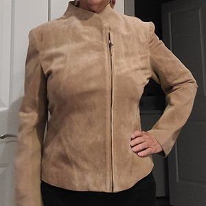 Ladies Suede Ribbed Sweater Jacket, Zipper Close, M, Beige